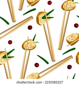 A pattern of Asian tamago omelet in Chinese sticks with a decoration of green onions and lingonberries. Seamless background with egg rolls. Suitable for printing on textiles and papers. Kitchen