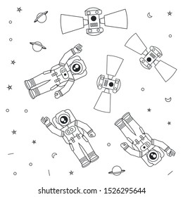 pattern of astronauts suits with satellites and stars vector illustration design