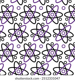 Padrão com símbolos atômicos na ilustração de vetor em roxo e preto