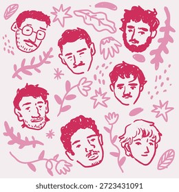 Patrón de caras de hombres atractivos con motivos decorativos