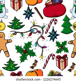 Pattern with the attributes of Christmas. Snowman, Christmas tree, gifts, lollipops, candies, tangerines, gingerbread man, star and Christmas balls, gerlanda.