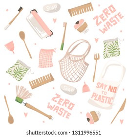 Pattern with attributes of zero waste lifestyle. Isolated illustration