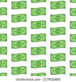 Pattern of Australia Dollar banknotes on transparent background with mini doodle (icon) and green color. Vector Illustration