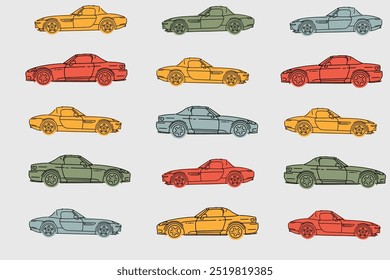 Pattern Automotive, Packaging, Textiles,Wallpaper Aesthetic, Trendy Car Lock Screen, Vector illustrations for apparel prints and other uses. Hand drawn vehicle.