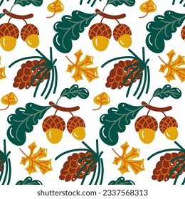 A pattern of autumn cartoon acorns, cones and autumn foliage. Forest motif in retro style. October and September plants. November nature. Botanical elements. Vector seamless. Autumn packaging