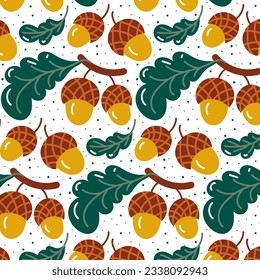 A pattern of autumn cartoon acorns and foliage. Forest motif in retro. The season of the forest oak. October and September plants. November nature. Botanical elements. Vector seamless background