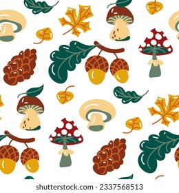 A pattern of autumn cartoon forest elements. Mushrooms, acorns, cones and autumn foliage. Forest motif in retro style. White mushroom, fly agaric, champignon. Vector autumn seamless. Packaging