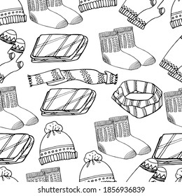 Pattern with autumn clothes, coat, scarf, socks, umbrella, acorn, chestnut, hat, plaid. Autumn set. Coloring book for children and adults, wallpaper, textiles, packaging. Isolate. stock graphics