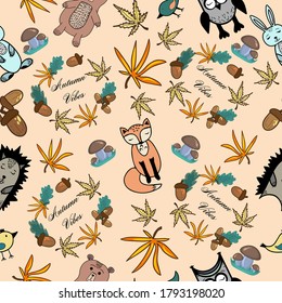 A pattern with autumn elements, Doodle animals, sign Autumn Vibes, vector illustration for wrapping paper, apparel, stationery, children’s clothes 