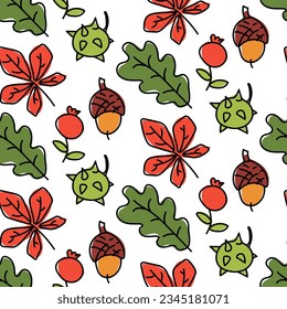 Muster des Herbstblätters, Kastanienholz, Akkorn im Doodle-Stil mit Farbe und Kontur. stylisch, süß, Cartoon, glänzendes, nahtloses Muster mit süßen Herbstdetails