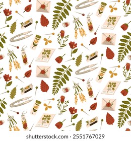 A pattern of autumn foliage, flowers, jars, boxes for the herbarium, made in a flat style. Dried leaves, flowers in boxes, on paper, in a jar. Herbarium, dried flowers, scrapbooking packaging