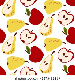 Pattern autumn harvest apples and pears whole and in section on a white background. Vector flat bright texture with fruits. Cute cartoon illustration for printing on textiles and paper. Packaging