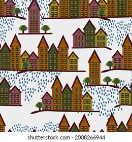 Pattern with autumn and houses. Orange, light green, green and pink houses. With raindrops. On a light background, funny and cute houses. Beginning of autumn. Vector. The print is well suited for text