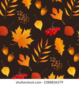 Pattern with autumn leaves, berries, pine cones, acorns