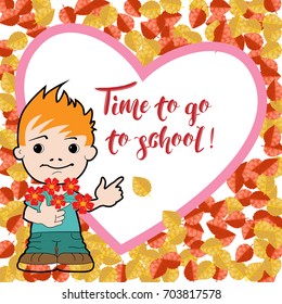 Pattern of autumn leaves and a boy with flowers. Vector illustration 