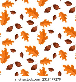 A pattern of autumn leaves in brown and orange tones. Fallen leaves. Flat design. Great for creating backgrounds, clothing and editorial design, postcards, gift wrapping paper, home decor, etc