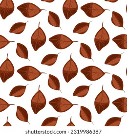 Pattern of autumn leaves in brown tones. Fallen leaves. Fashionable flat style. Great for creating backgrounds, clothing and editorial design, postcards, gift wrapping paper, home decor, etc