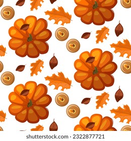 A pattern of autumn leaves, candles and pumpkins in brown and orange tones on a gray background with a shadow. Fallen leaves. Flat design. Great for creating backgrounds, clothing and editorial design