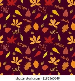 Pattern with autumn leaves, chestnuts and acorns. Autumn leaves foliage pattern.