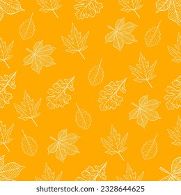 Patrón de hojas de otoño dibujado con un contorno blanco sobre un fondo amarillo. Dibujo lineal para impresión, decoración, fondos y texturas, empaque, impresiones