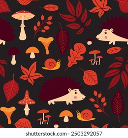 A pattern with autumn leaves, hedgehogs and mushrooms. Pattern for clothes, wrapping paper. 