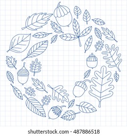 Pattern with autumn leaves Oak Mapple Acorn Linden