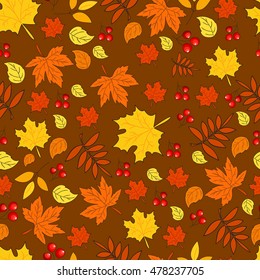 Pattern with autumn leaves on  brown background. Seamless autumn pattern. Vector. Fabric for the fall collection. Autumn. Foliage