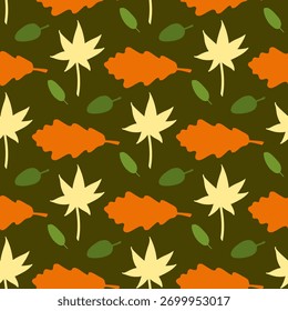 Patrón de hojas de otoño sobre un fondo verde oscuro. Imagen de Vector