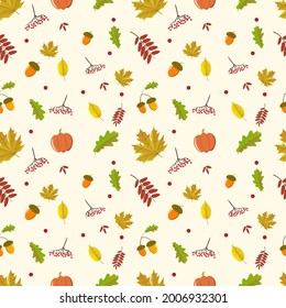 Pattern from autumn leaves. Pumpkin, acorns, birch, oaks