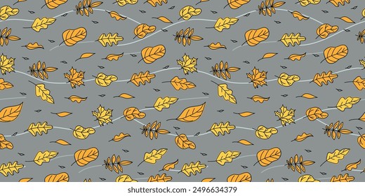 Pattern, autumn leaves. Seamless background, leaves. Autumn wind. Leaves are flying, variety, set. Drawings, doodles. Wallpaper decor.