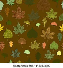 Pattern autumn leaves seamless ginkgo biloba, oak, linden, chestnut falling leaf background. Vector colorful repeat design. Botanical surface modern illustration