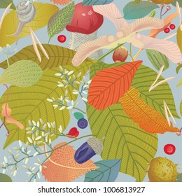 pattern with autumn leaves, snail and mushroom 