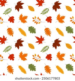 A pattern of autumn leaves is spread across a white background. The leaves are of various sizes and colors, including red, yellow, and green. Scene is warm and inviting, evoking the feeling of fall