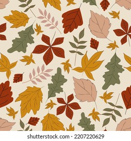 Pattern with autumn leaves, stylish seamless background, a set of elegant leaves in orange, pink and burgundy tones