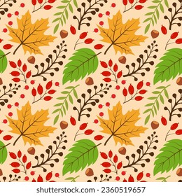 Pattern with autumn leaves. Vector seamless drawing of leaves, acorns, nuts, mountain ash. Background for textiles or book covers, wallpaper, design, graphics, printing, hobbies, invitations.