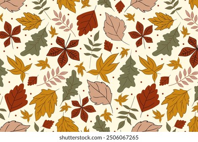 Pattern with autumn leaves, vector seamless background with leaf fall in warm colors, botanical print for printing on fabric, gift paper and wallpaper