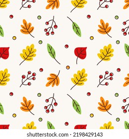 Muster mit Herbstblättern und Viburnum. Vektorgrafik fallen Cartoonblätter. Hintergrund für Textilien, Wallpaper, Design, Grafiken, Buchumschläge, Druckgeschäfte, Hobbys, Einladungen.