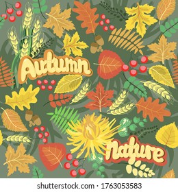 Pattern of autumn leaves,ears,aster and hand lettering.