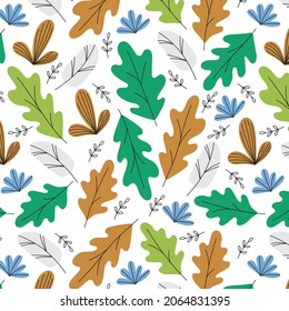 Muster der Herbsteiche und der Feder in natürlichen Farbtönen, grün, olivisch, sienna, grau und lila. WLAN-Kunst. Kann in Verpackungsdesign, Textilien, Druck verwendet werden. Und dekoratives Design der Layouts.