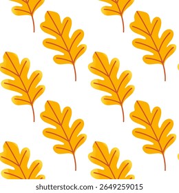 Pattern with autumn oak and maple leaves in yellow, orange and purple colors. Hand drawn. Isolated on white background. Vector
