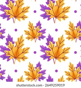Pattern with autumn oak and maple leaves in yellow, orange and purple colors. Hand drawn. Isolated on white background. Vector