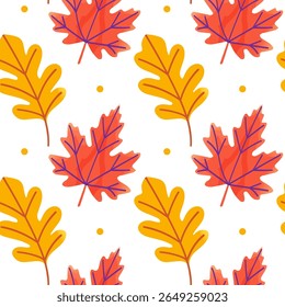 Muster mit Eichen- und Ahornblättern im Herbst in gelben, orangen und violetten Farben. Handgezeichnet. Einzeln auf weißem Hintergrund. Vektorgrafik