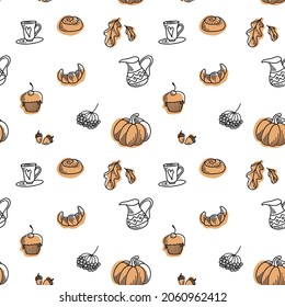 pattern autumn objects pumpkin cup of tea warm croissant yellowed oak leaves acorns bunch of cranberries