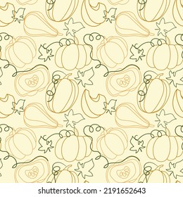 Pattern autumn pumpkins with leaves in a linear style. Orange and green lines in the texture. For kitchen illustration, packaging, textiles. Contour illustration.