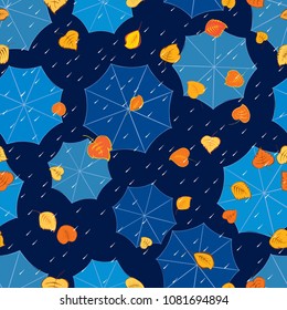 Pattern of autumn rain falling on the umbrellas