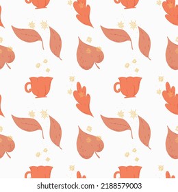 pattern of autumn red leaves and cups with stars on a white background. endless vector pattern for autumn season