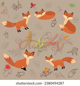 pattern autumn set of elements and foxes vector illustration