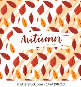pattern in autumn style. Leaves are multi-colored. The trees. celebration. lettering text frame design. Yellow orange and brown colors
