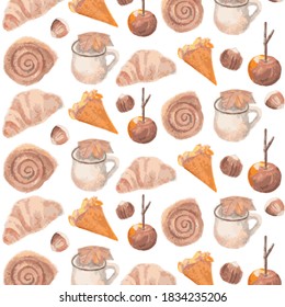 pattern of autumn sweets. bun, croissant, pumpkin pie, caramel Apple, hazelnuts and a mug of tea with maple leaf. watercolor technique.