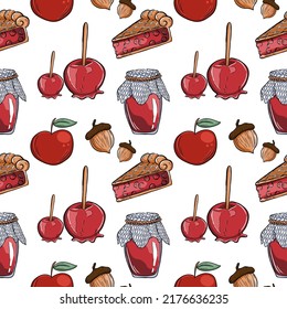 Pattern autumn treats caramel apples and pie. Vector illustration